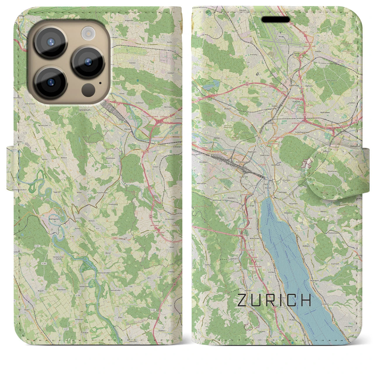 【チューリッヒ】地図柄iPhoneケース（手帳両面タイプ・ナチュラル）iPhone 14 Pro Max 用