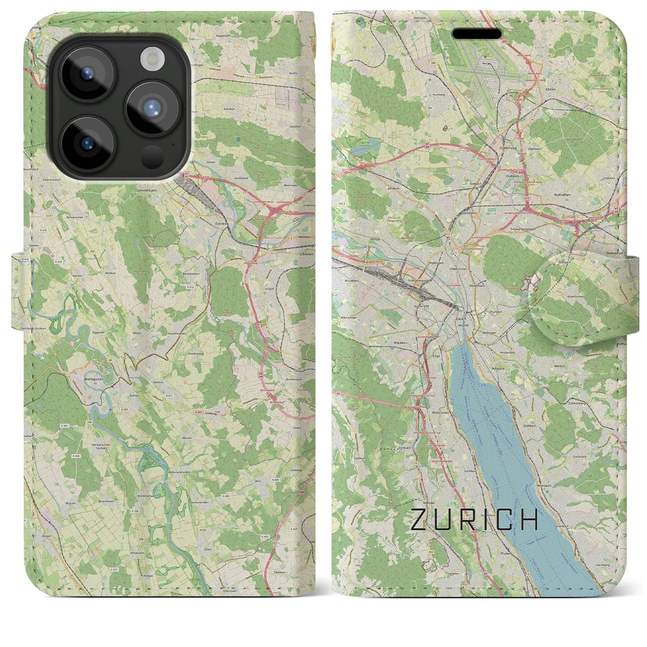 【チューリッヒ】地図柄iPhoneケース（手帳両面タイプ・ナチュラル）iPhone 15 Pro Max 用