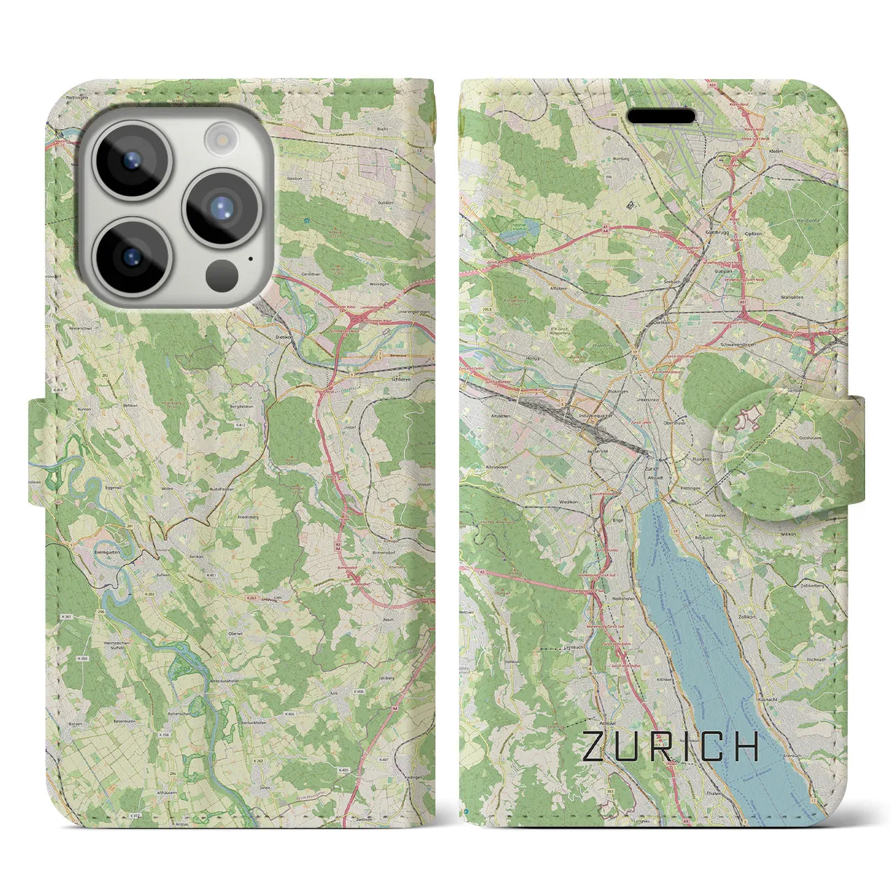【チューリッヒ】地図柄iPhoneケース（手帳両面タイプ・ナチュラル）iPhone 15 Pro 用