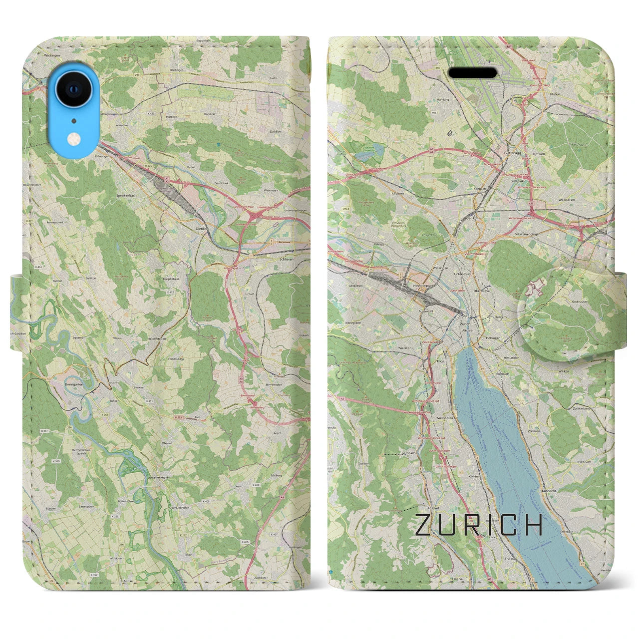 【チューリッヒ】地図柄iPhoneケース（手帳両面タイプ・ナチュラル）iPhone XR 用