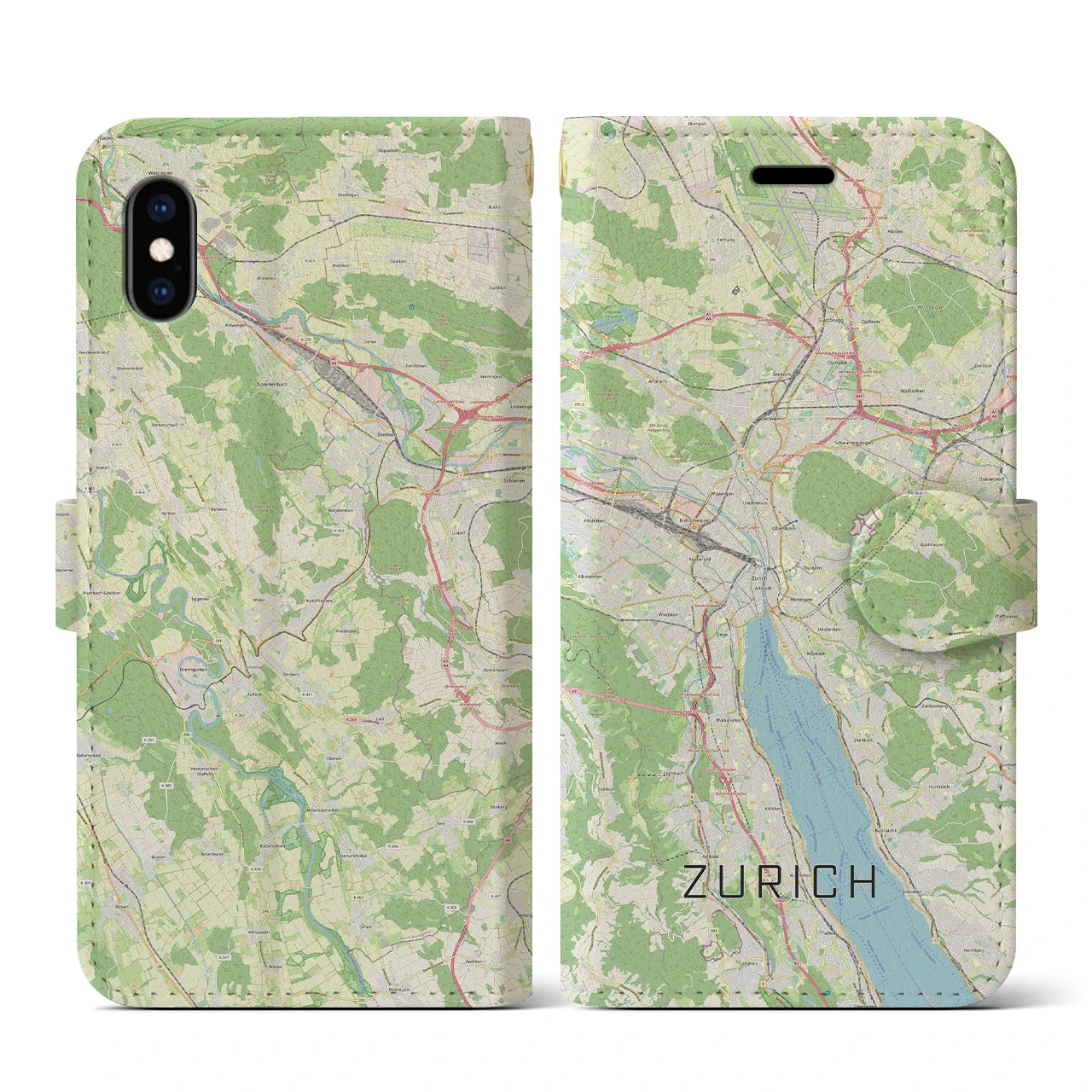 【チューリッヒ】地図柄iPhoneケース（手帳両面タイプ・ナチュラル）iPhone XS / X 用