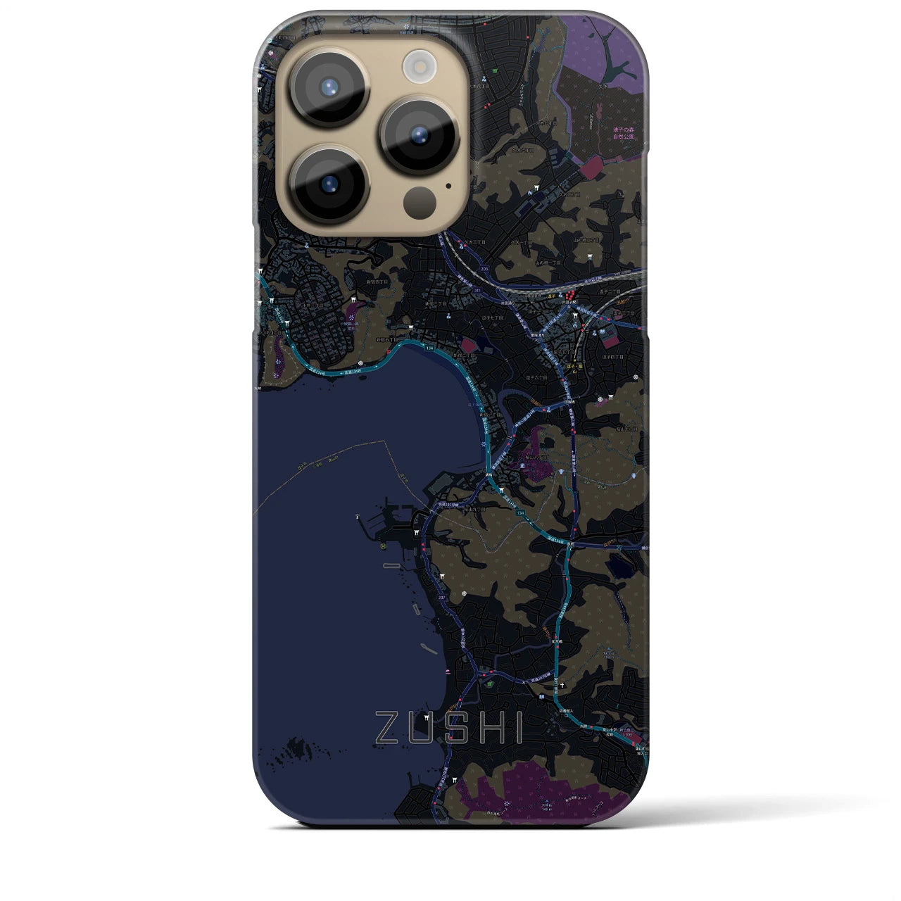 【逗子】地図柄iPhoneケース（バックカバータイプ・ブラック）iPhone 14 Pro Max 用
