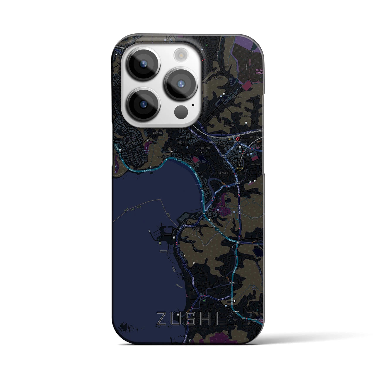 【逗子】地図柄iPhoneケース（バックカバータイプ・ブラック）iPhone 14 Pro 用