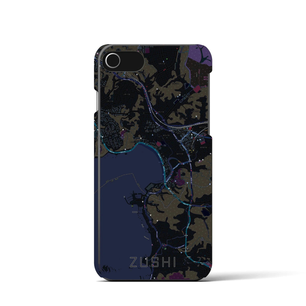 【逗子】地図柄iPhoneケース（バックカバータイプ・ブラック）iPhone SE（第3 / 第2世代） / 8 / 7 / 6s / 6 用