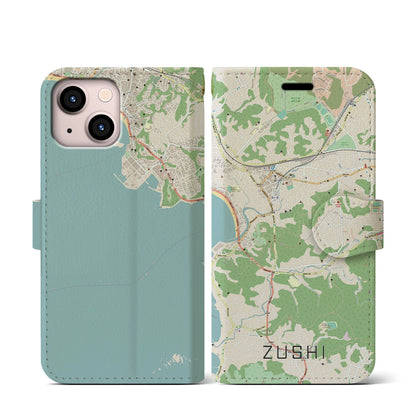 【逗子（神奈川県）】地図柄iPhoneケース（手帳タイプ）ナチュラル・iPhone 13 mini 用