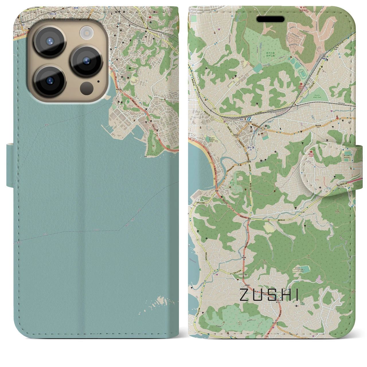 【逗子】地図柄iPhoneケース（手帳両面タイプ・ナチュラル）iPhone 14 Pro Max 用