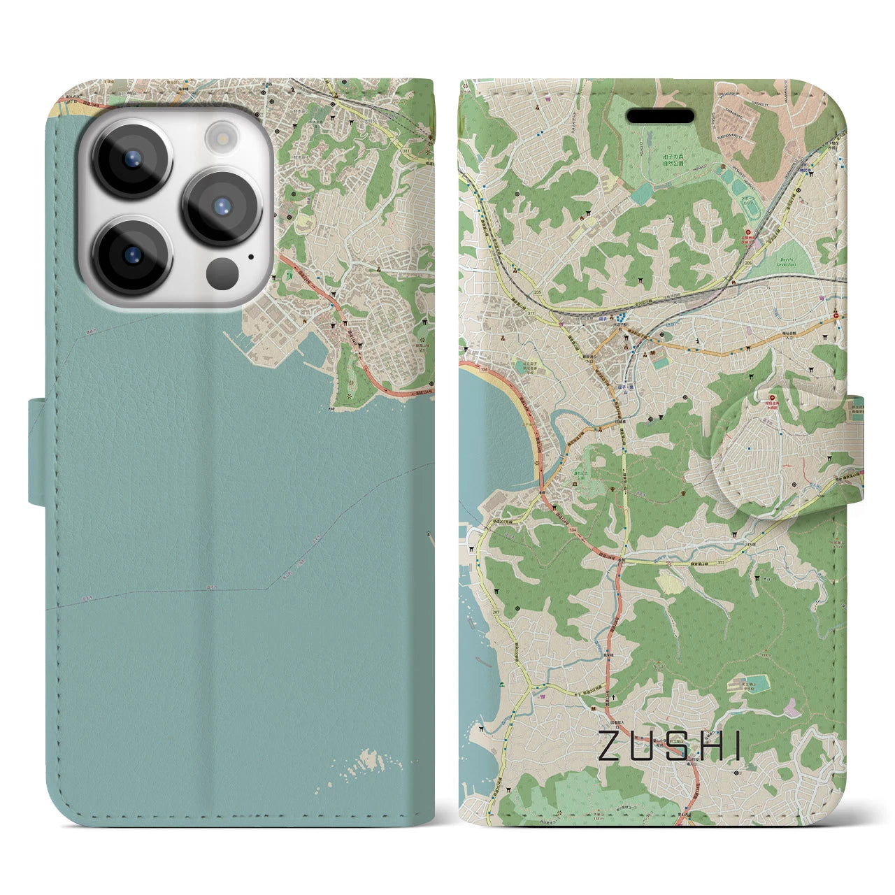 【逗子】地図柄iPhoneケース（手帳両面タイプ・ナチュラル）iPhone 14 Pro 用