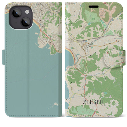 【逗子（神奈川県）】地図柄iPhoneケース（手帳タイプ）ナチュラル・iPhone 14 Plus 用